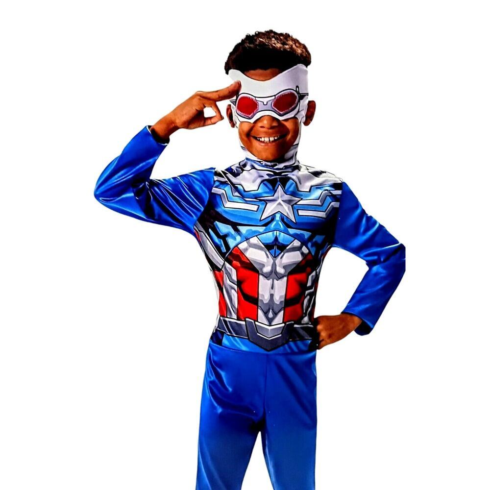 AVENGERS Captain America Costume Boy L 12-14 Blue Set Jumpsuit Mask Halloween